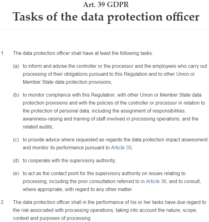 GDPR Info: Article 39 - Tasks of the Data Protection Officer