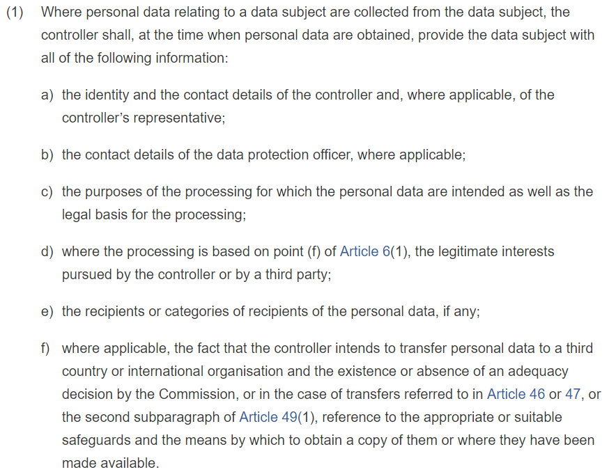 GDPR Info: Article 6 Section 1 - Information to be Provided Where Personal Data are Collected From the Data Subject