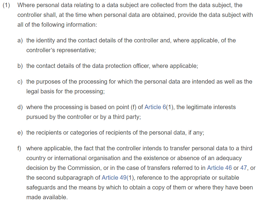 GDPR Info: Article 6 Section 1 - Information to be Provided Where Personal Data are Collected From the Data Subject