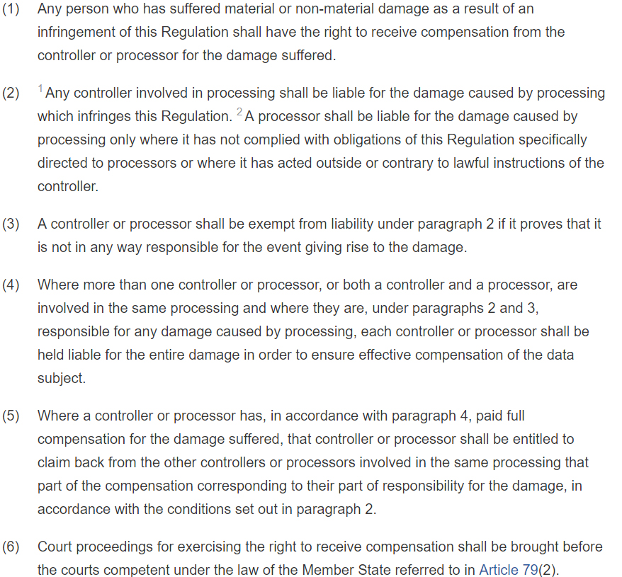 GDPR Info Article 82: Right to Compensation and Liability
