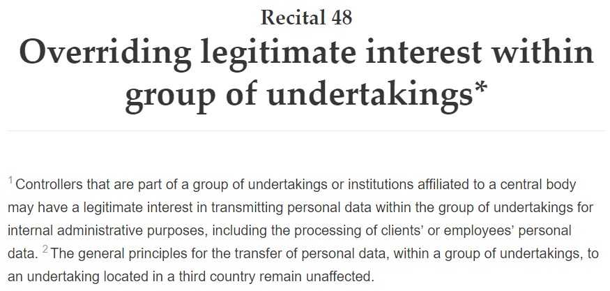 GDPR Info: Recital 48 - Overriding Legitimate Interest Within Group of Undertakings