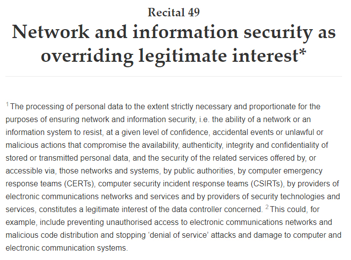 GDPR Info: Recital 49 - Network and Information Security as Overriding Legitimate Interest