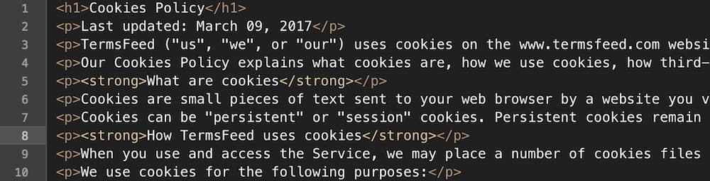 Example of a generated Cookies Policy in HTML format