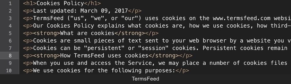 Example of a generated Cookies Policy in HTML format
