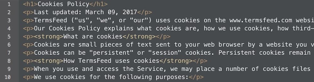 Select the entire HTML of the generated Cookies Policy
