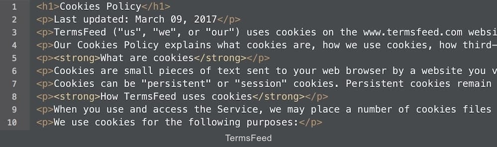 Select the entire HTML of the generated Cookies Policy
