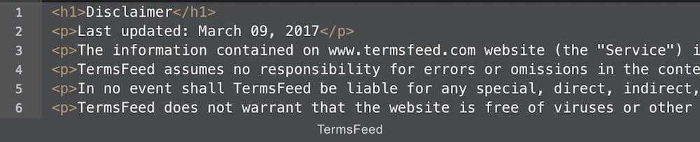 Selected all HTML code from the generated Disclaimer