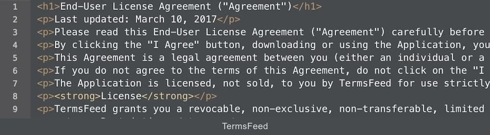 Selected all HTML of the generated EULA