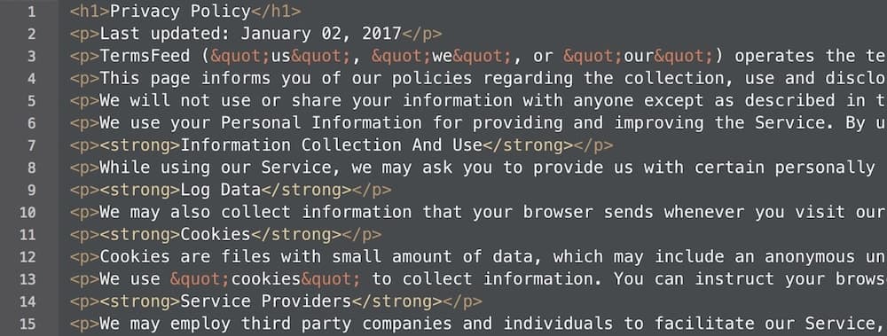 Example of generated Privacy Policy in HTML