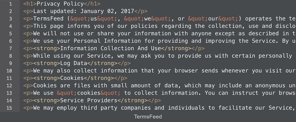 Example of generated Privacy Policy in HTML