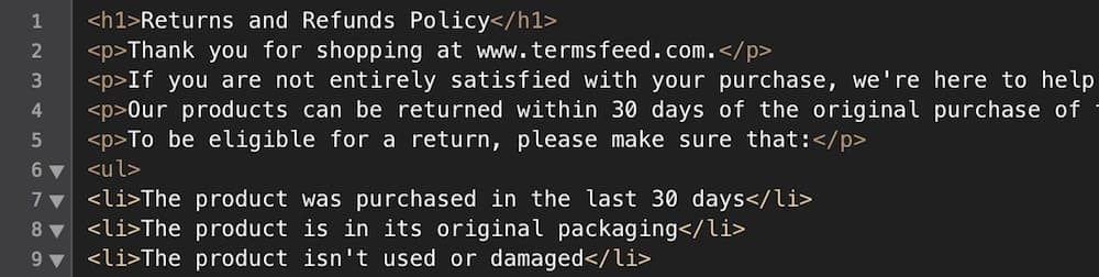Example of HTML format of a generated Return &amp; Refund Policy