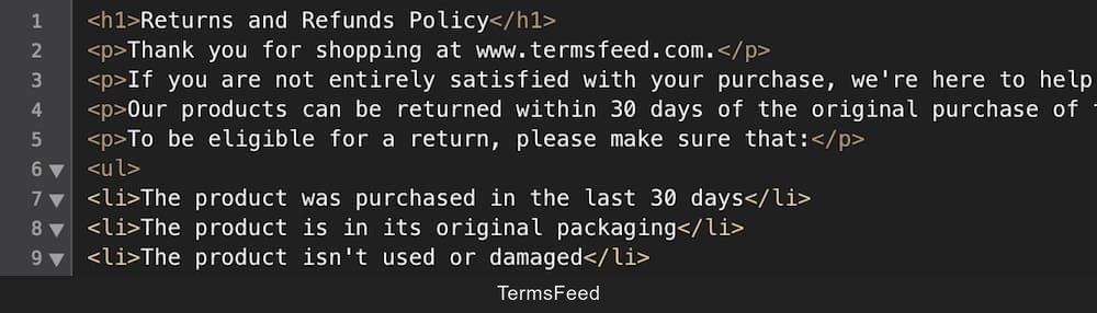 Example of HTML format of a generated Return & Refund Policy