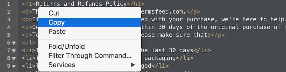 Right-click &gt; Copy to copy the generated Return &amp; Refund Policy