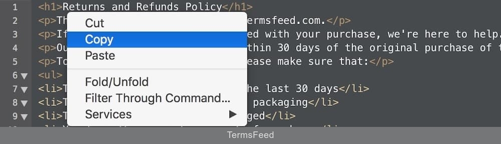 Right-click > Copy to copy the generated Return & Refund Policy