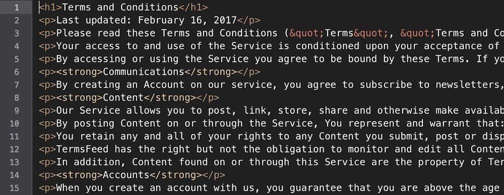 Example of generated Terms &amp; Conditions in HTML format