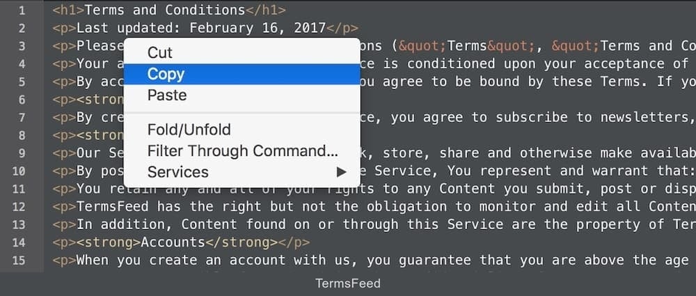 Right-click > Copy on the generated Terms & Conditions