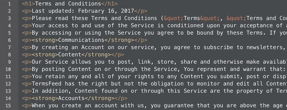 Selected all HTML from the generated Terms &amp; Conditions