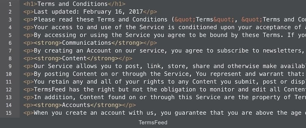 Selected all HTML from the generated Terms & Conditions