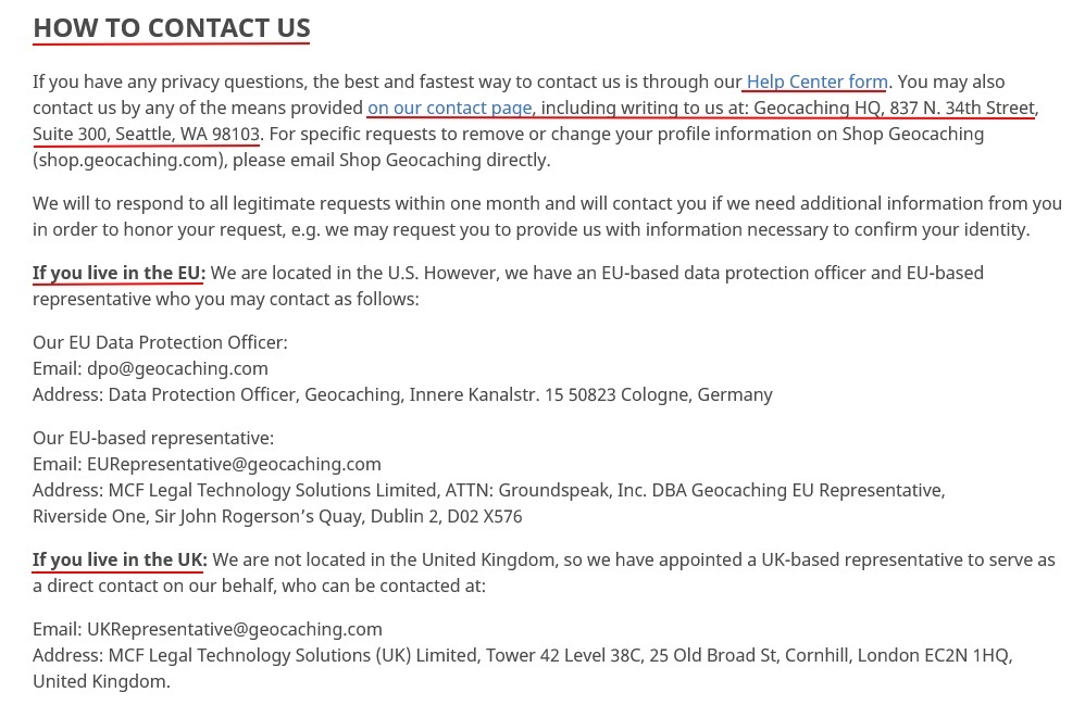 Geocaching Privacy Policy: How to Contact Us clause