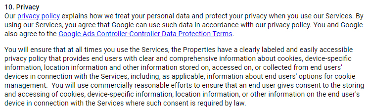 Google AdSense Terms of Service: Privacy clause