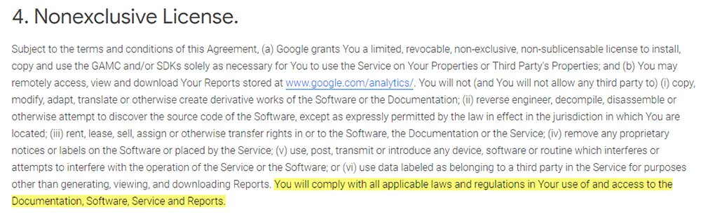 Google Analytics Terms of Service: Nonexclusive License clause