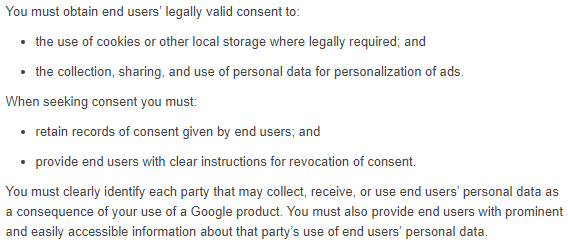 Google EU User Consent Policy: Consent requirements