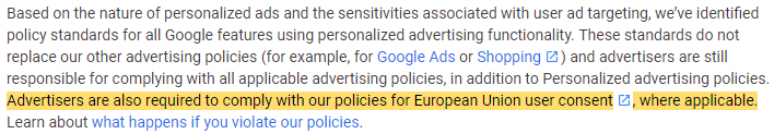 Google Personalized Advertising Policies Help: EU User Consent Policy section