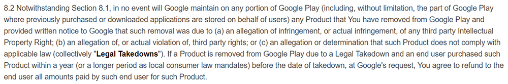 Google Play Developer Distribution Agreement: Clause about app take-downs and refunds