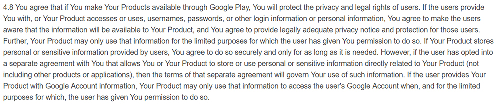 Google Play Developer Distribution Agreement: Clause about protecting data and limiting data use