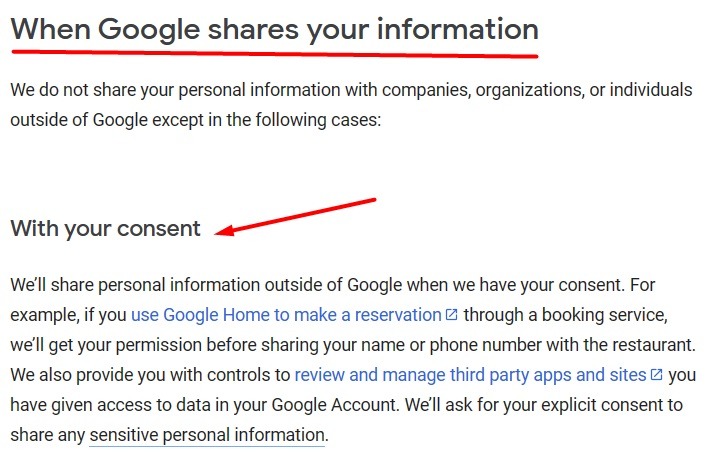 Google Privacy Policy: When Google Shares Your Information clause - Consent excerpt
