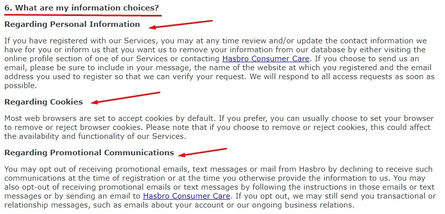 Hasbro Privacy Policy: What are my information choices clause
