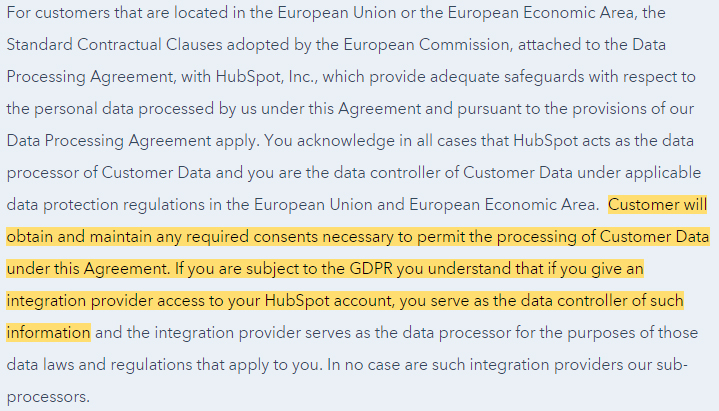 Hubspot Customer Terms of Service: EU Data Processing Clause - GDPR consent section