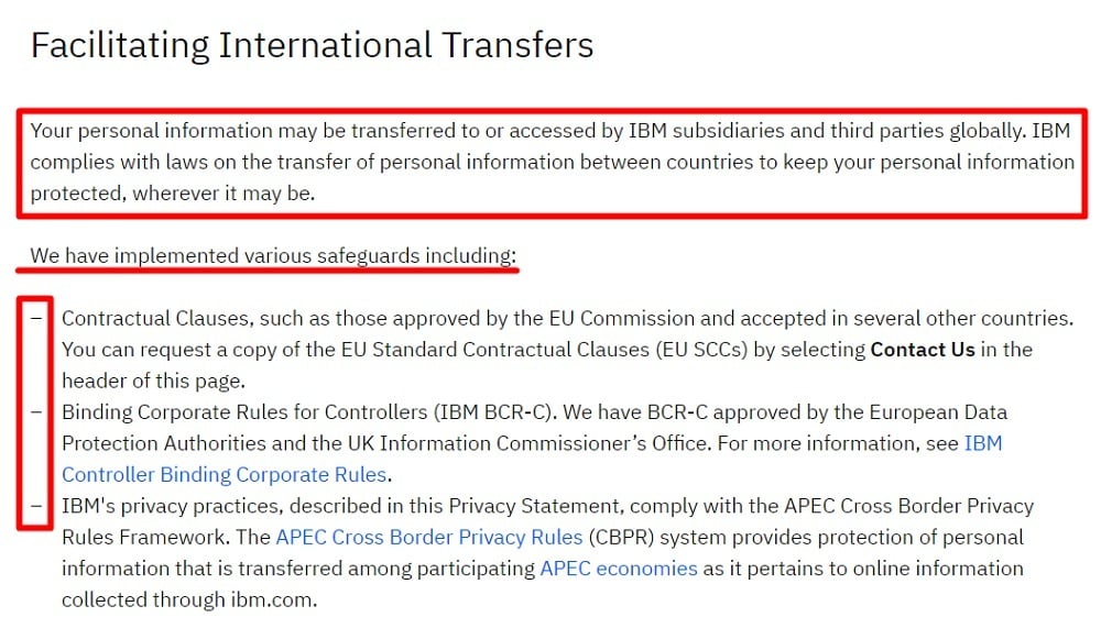IBM Privacy Statement: Facilitating International Transfers clause