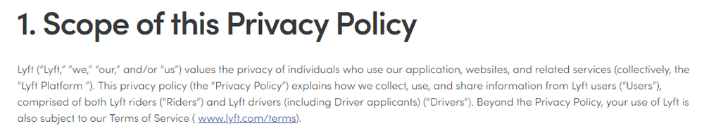 Lyft Privacy Policy: Scope of Privacy Policy clause
