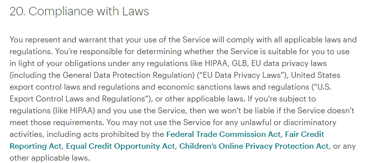 MailChimp Terms of Use: Excerpt of Compliance with Laws clause