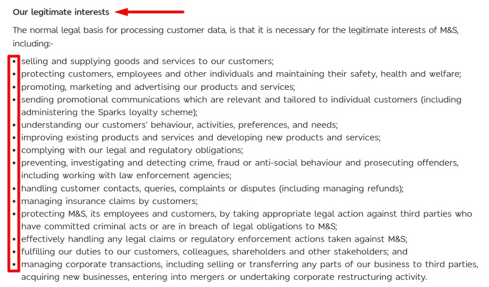 Marks and Spencer Privacy Policy: Our legitimate interests clause