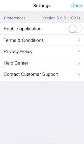 Example of mobile app Settings screen with links to privacy Policy and Terms &amp; Conditions