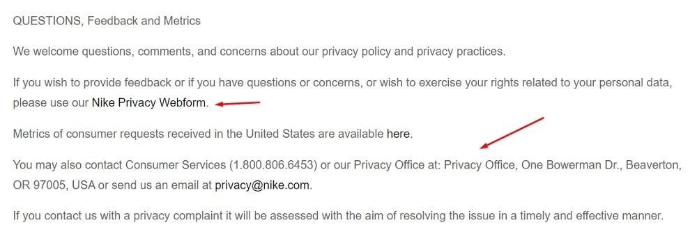 Nike Privacy Policy: Contact clause