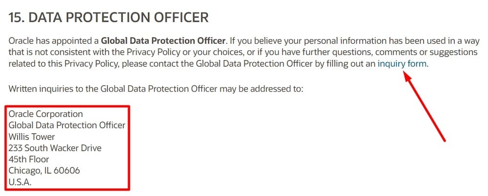 Oracle Privacy Policy: Data Protection Officer clause