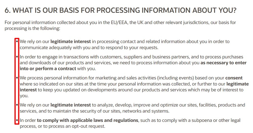 Oracle Privacy Policy: What is our basis for processing information about you clause