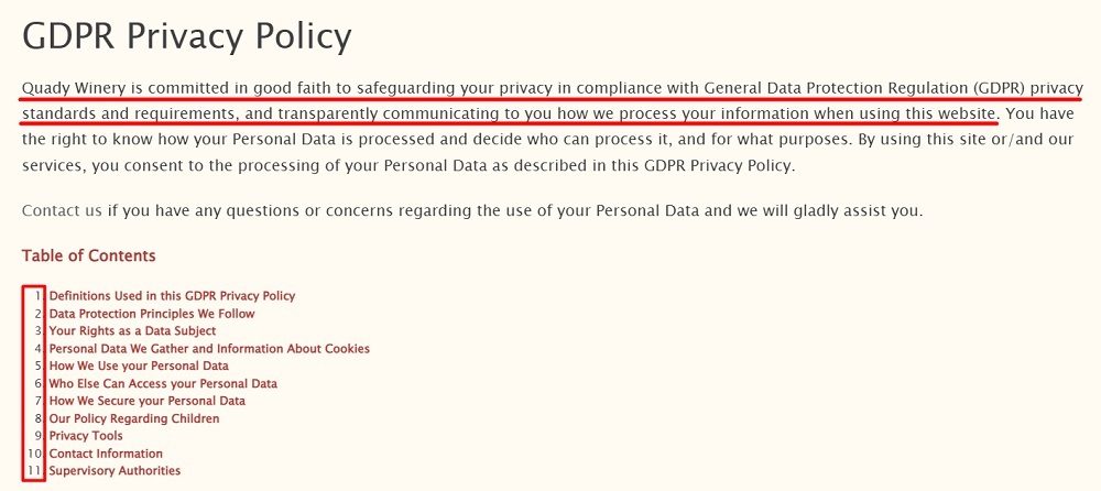 Quady Winery GDPR Privacy Policy: Intro section with table of contents