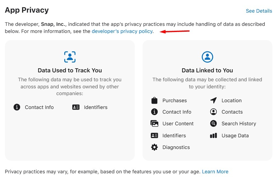 Snapchat Apple App Store listing with Privacy Policy link highlighted