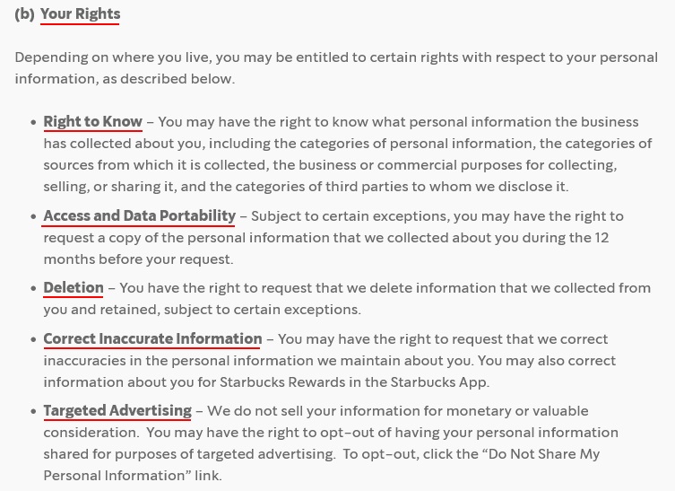 Starbucks Privacy Statement: Your Rights clause excerpt