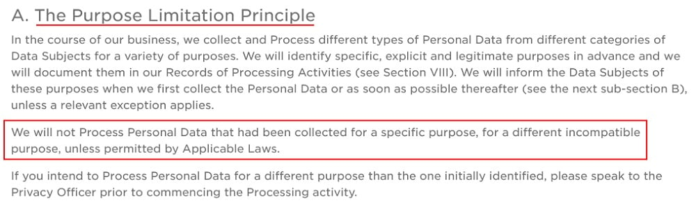 Superior Essex Privacy Policy: The Purpose Limitation clause