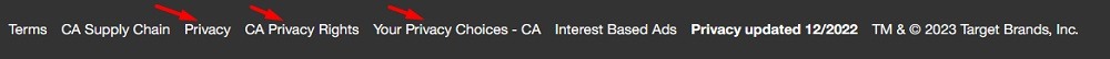 Target website footer with CA Privacy Rights and CA Privacy Choices links highlighted