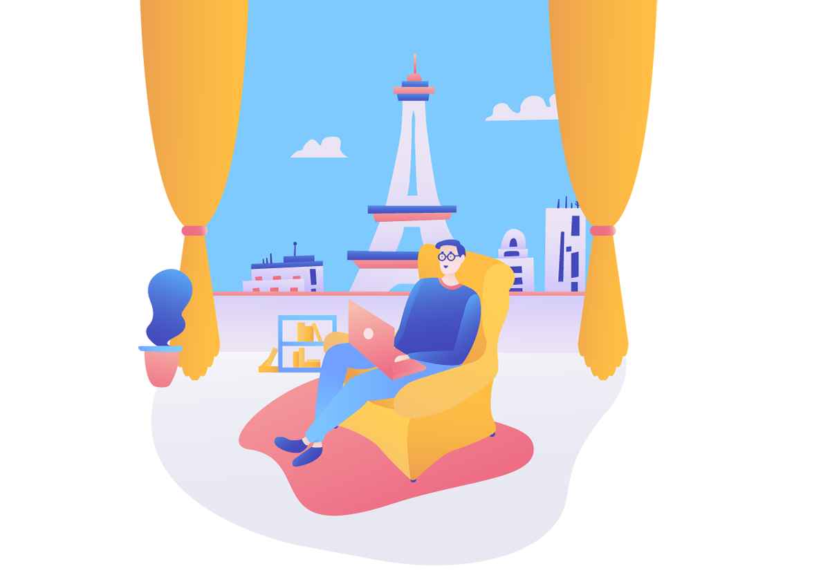 TermsFeed illustration of a man in a chair with Eiffel Tower outside window