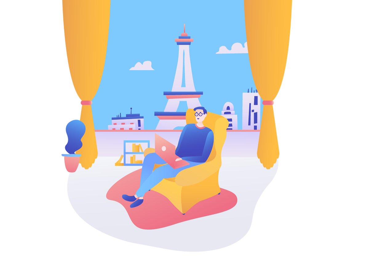 TermsFeed illustration of a man in a chair with Eiffel Tower outside window