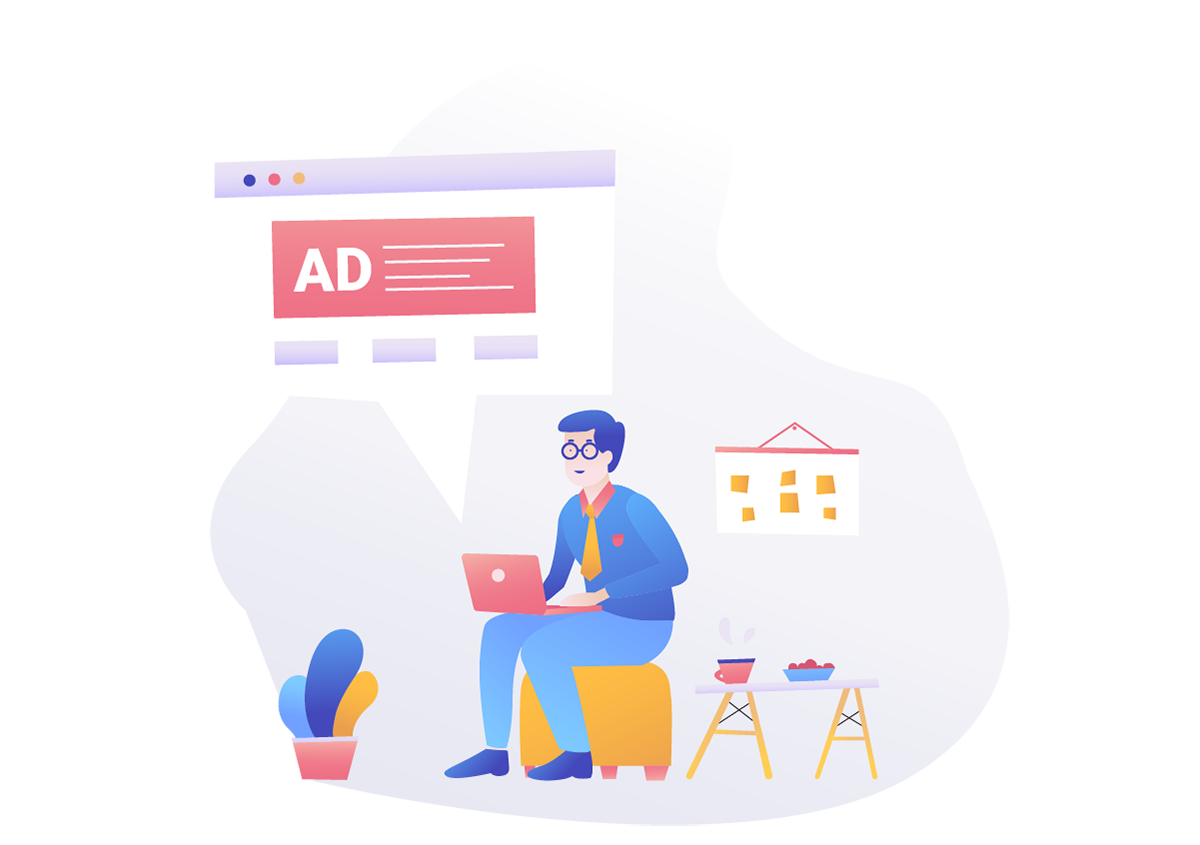TermsFeed illustration of man at computer seeing an internet ad