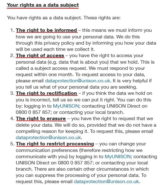 UNISON UK Privacy Policy: Your rights as a data subject clause excerpt