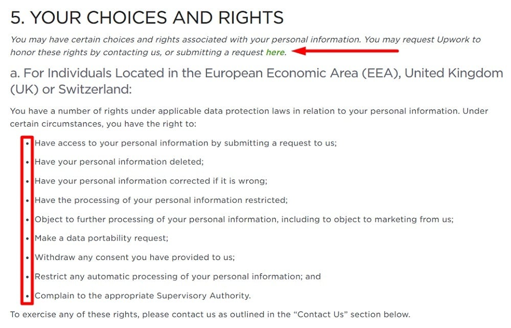 Upwork Privacy Policy: Your choices and rights clause